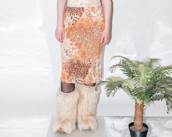 Gonna a balze con stampa leopardata e floreale vintage Y2K in arancione