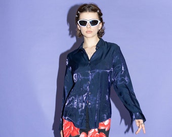 Y2K Vintage Purple Blouse - Chic Shiny Button Down