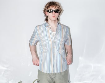 Vintage Y2K classic striped button-up shirt in white & blue