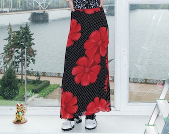 Vintage Y2K lovely poppy polka dot maxi skirt in black&red