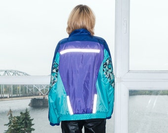 90's Vintage retro padded bomber jacket in blue & purple