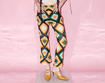 Vintage Y2K festival crochet flare trousers in multicolor