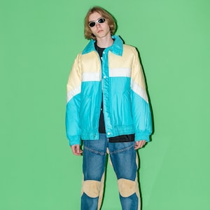 90&#39;s Vintage icy bomber jacket in blue, yellow and white