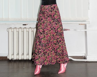 90's Vintage corduroy floral print maxi skirt in pink/green