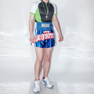 Vintage Y2K hot rave/kickboxing shorts in royal blue & white image 1