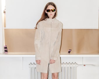 90's Vintage glamorous zip-up suede coat in beige