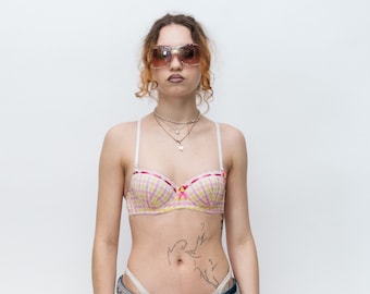 Vintage Y2K fabulous plaid padded bra in white/pink/yellow