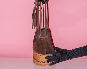 Vintage Y2K western suede bucket bag in brown tones