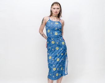 90's Vintage whimsy denim & floral print sundress in blue