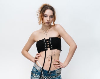 Vintage Y2K kultiges, gerafftes Bandeau Crop Top in Schwarz