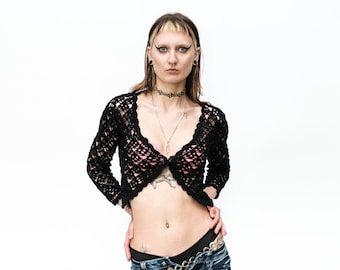 Vintage Y2K 2000s Black Crochet Knit Cardigan With Sequins. - Etsy