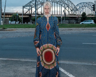 90's Vintage psychedelic maxi dress in azure and brown tones