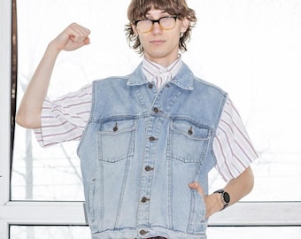 Vintage 90's Sure distressed denim gilet in light wash blue