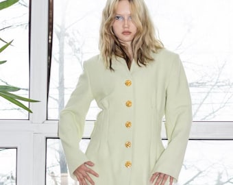 90's Vintage slim fit soft long pleated blazer in pastel lime green