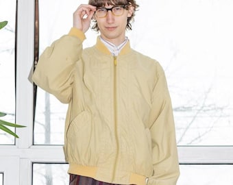 90's Vintage classic light zip-up cotton bomber jacket in washed out yellow