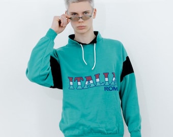 90's Vintage Italia flag colorblock sweatshirt in turquoise & black