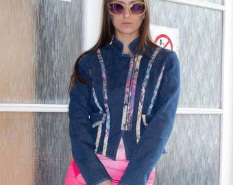 Y2K Vintage Roccobarocco patched/snake print denim zip up jacket in blue