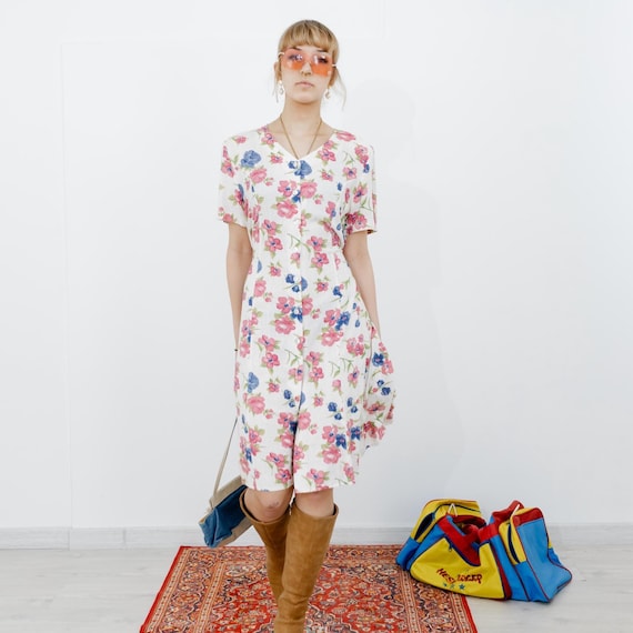 Vintage 90s Floral Viscose Midi Dress: Tie Back Cream Button Down Vintage 90s Floral Viscose Midi Dress: Tie Back Cream Button Down