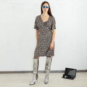 Vintage 90&#39;s lovely floral wrap overlay mini dress in black/blue/white