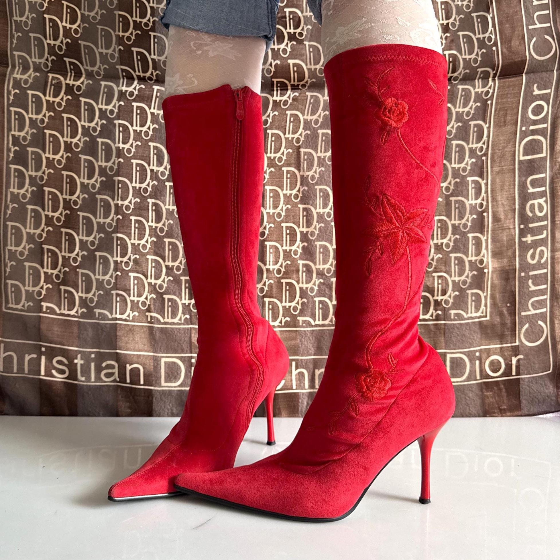Y2K Vintage Vallenssia Sexy Velvet Floral Embroidery Stiletto Knee