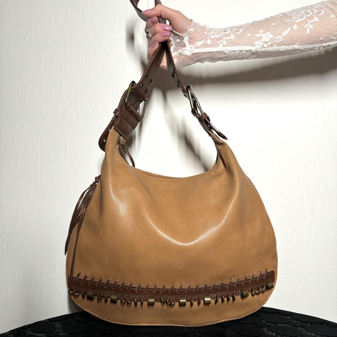 Vintage Y2K Iconic Piercing Detail Hobo Shoulder Bag in Camel