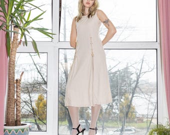 Vintage Y2K Gewenlu lace-up pleated linen midi sundress in oat beige