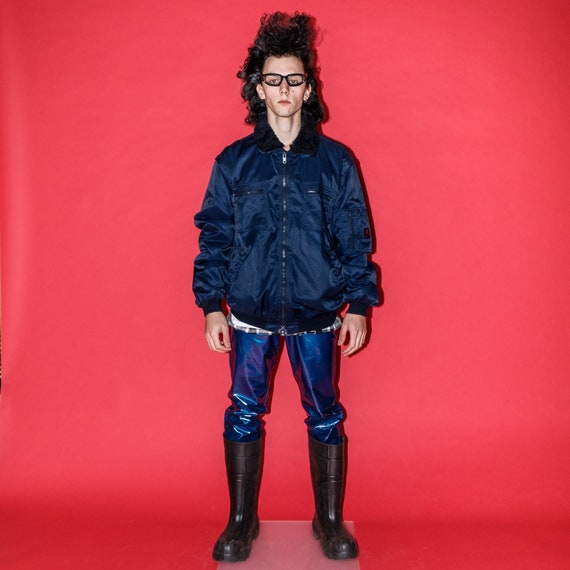 90's Vintage aviator cosy winter bomber jacket in navy blue
