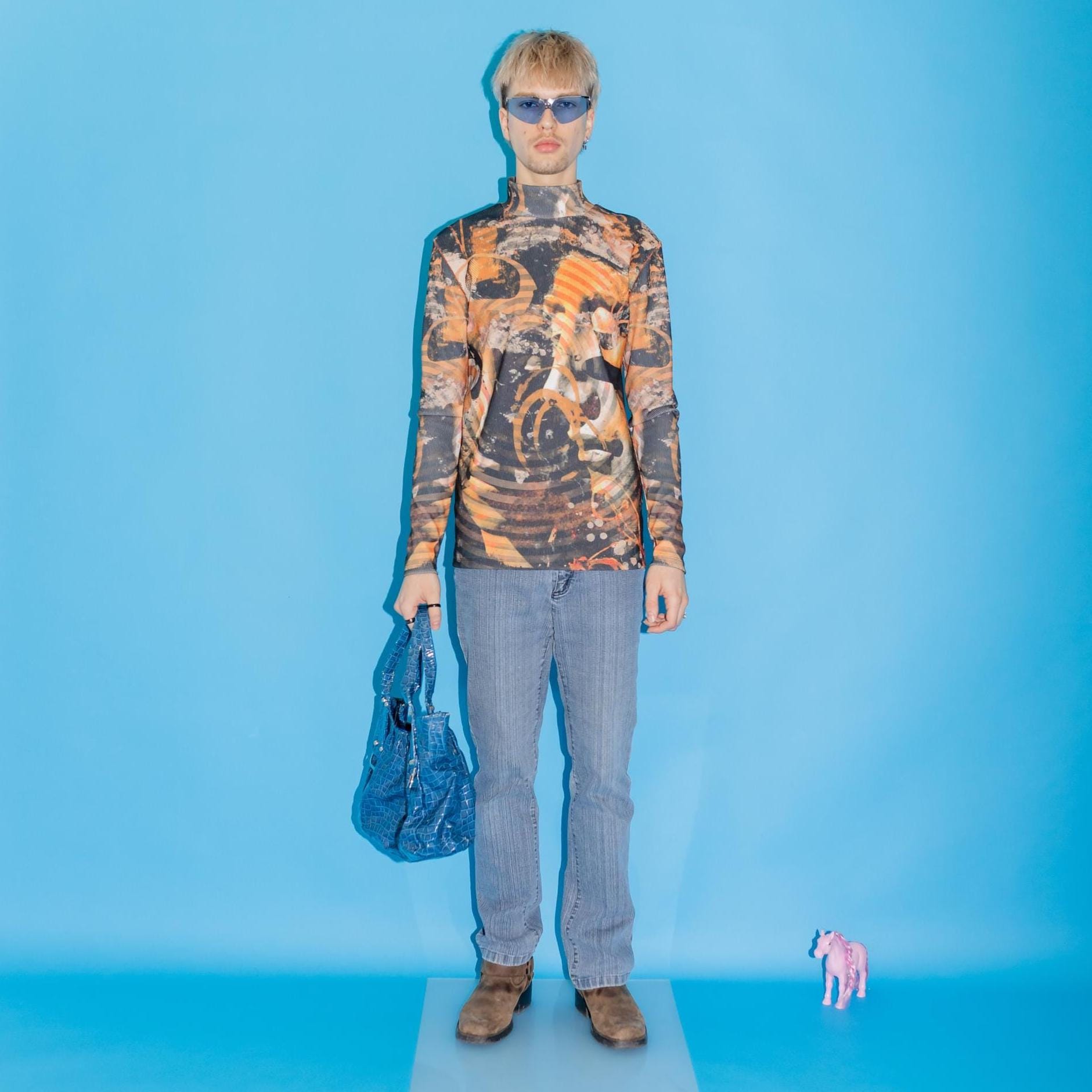 Y2K Jaded London Longsleeve Ribbed Abstract Print Top in Orange
