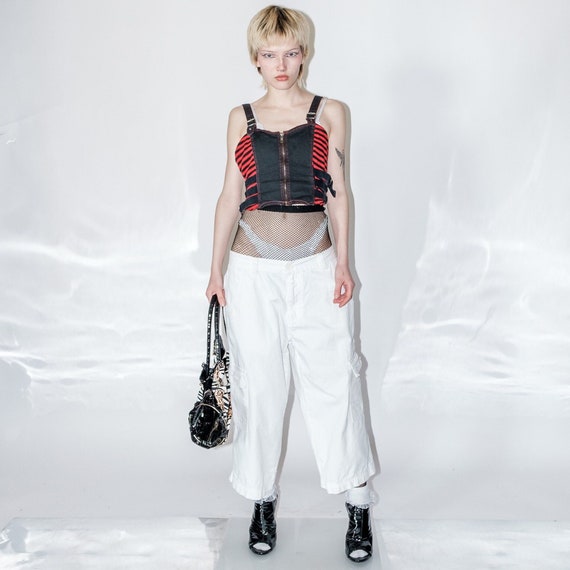 Vintage Cropped Cargo Trousers in White Cotton