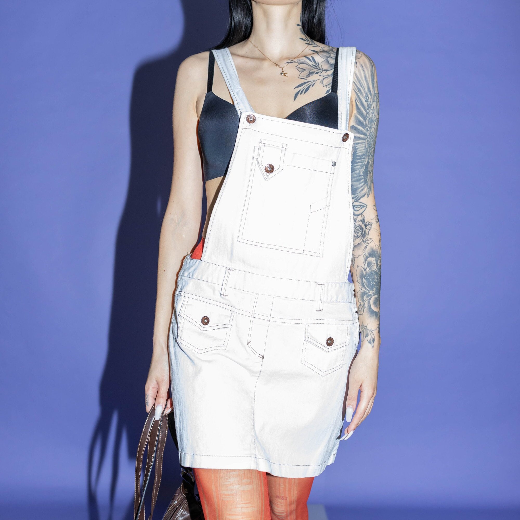 Vintage 90's Retro Dungaree Denim Mini Dress in White