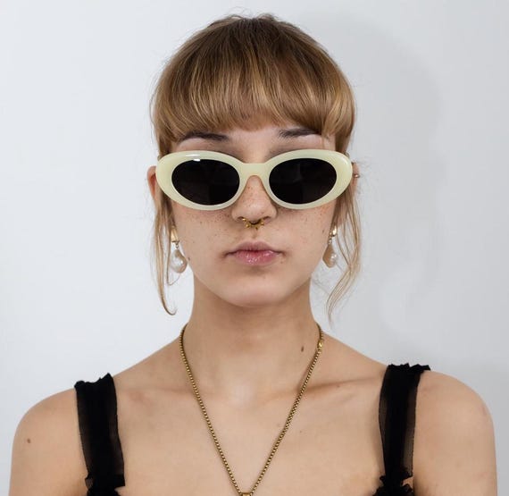 Y2K Oval Cateye Sunglasses in Cream Yellow & Black - Etsy display picture 1