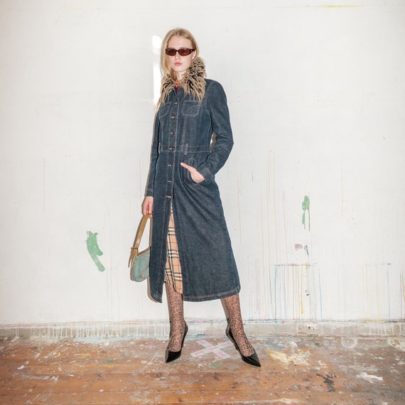 Vintage Y2K faux fur collar denim coat in dark blu