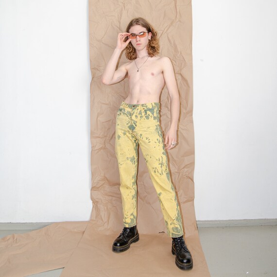 Vintage bleach re-worked green / yellow jeans