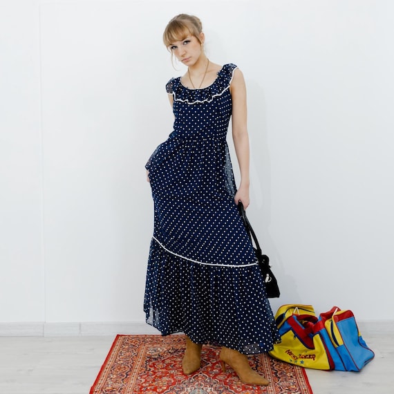 chinese dress ladies Prosperina Chelsea Navy Polka Dot Cotton Maxi Dress