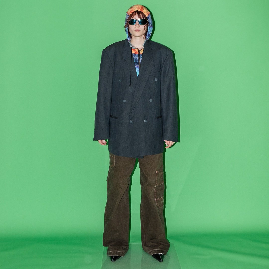 90s Pinstriped Wool Blend Coat| Minimalist Brown Unisex Blazer| Women's Oversized Blazer