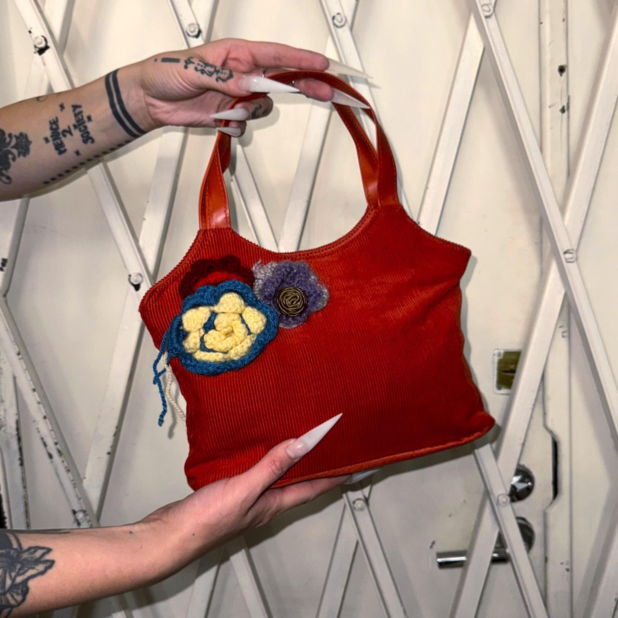 Vintage Y2K Yves Rocher Flower Detail Corduroy Top Handle Bag in 