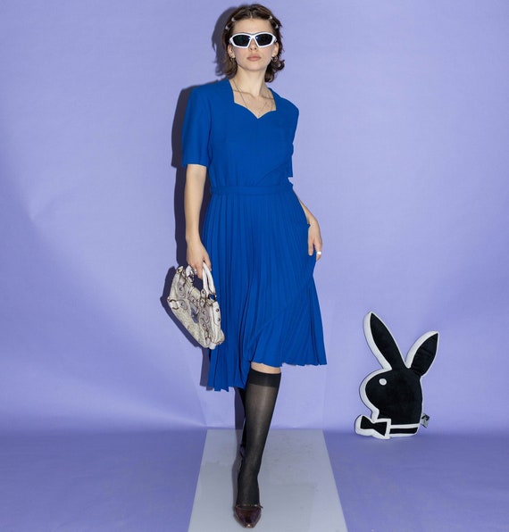 royal blue pleated dress Blue Zone | V-Neck Long Sleeve Pleated Dress main image 0