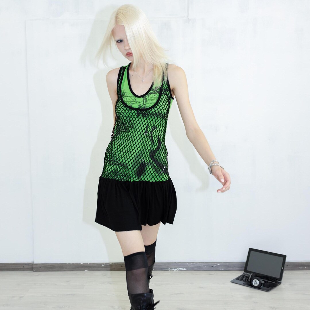 Y2K Vintage Bella Otero Emo Drop Waist Fishnet Dress in Lime Green ...