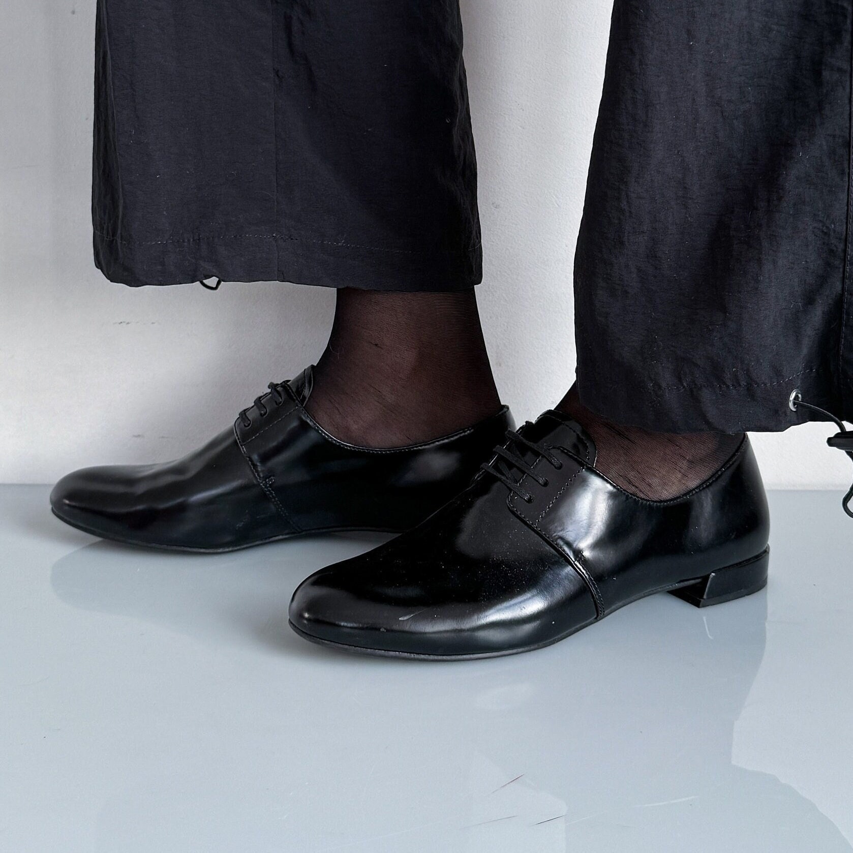 90's Vintage Prada Iconic Leather Oxford Shoes in Shiny Black - Etsy