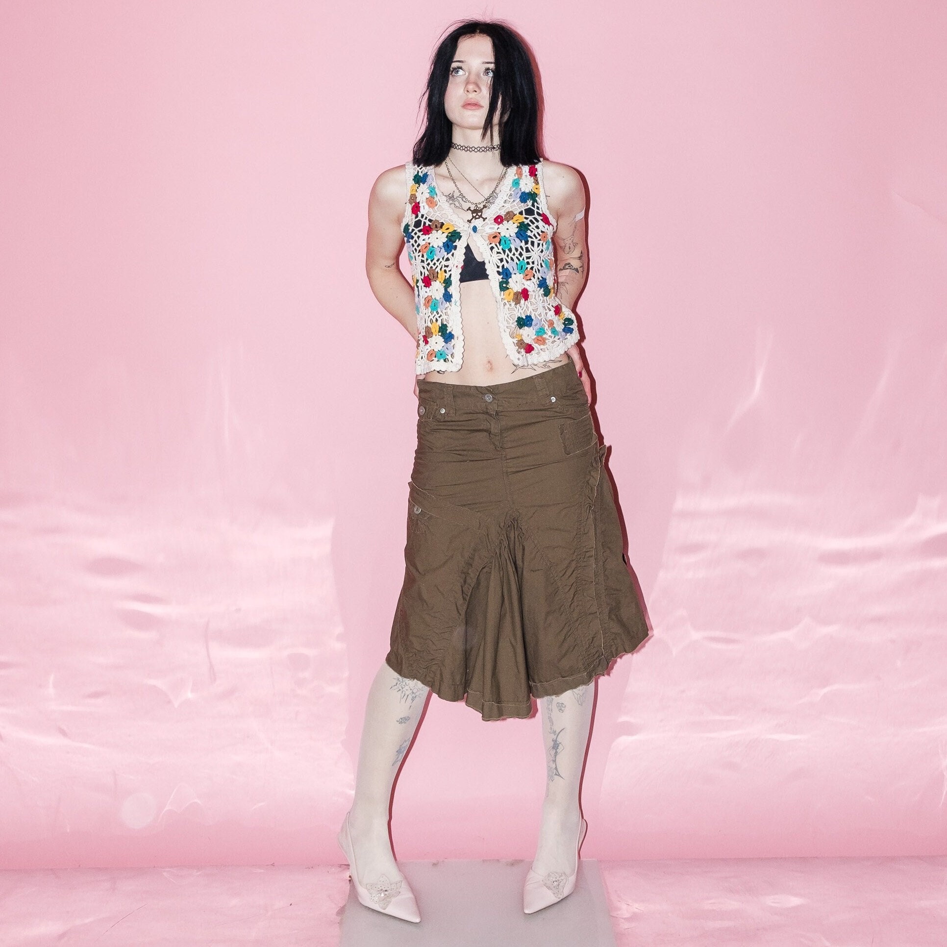 【archive】Vintage Cargo Rap Skirt Y2K Vintage Y2K Cool Distressed Cargo Skirt in Coffee Brown