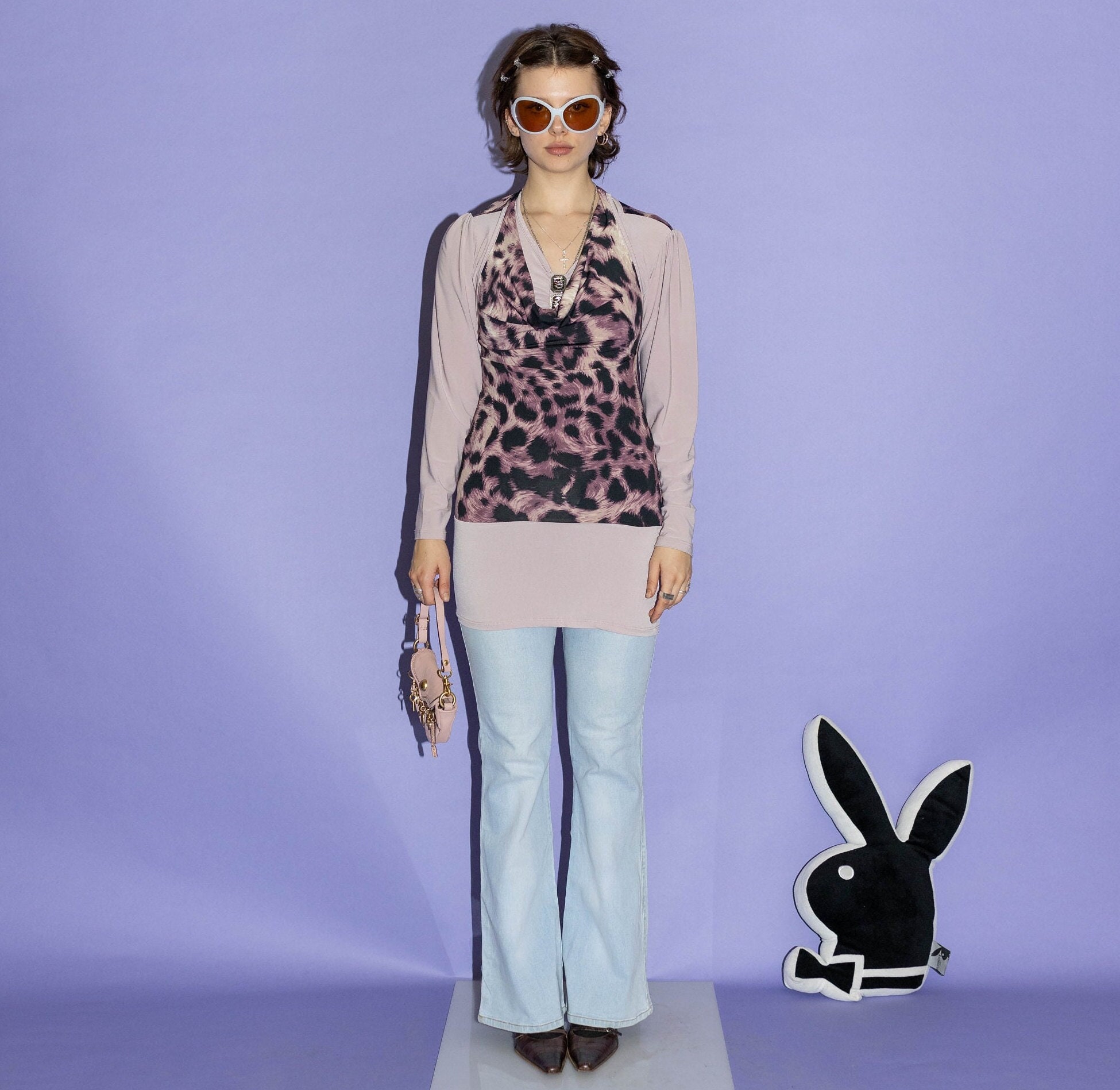 Vintage Y2K iconic layered animal print top in pastel purple