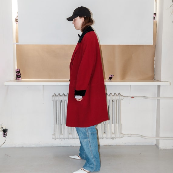 90's Vintage Retro Double-breasted Wool Coat in Red & Black