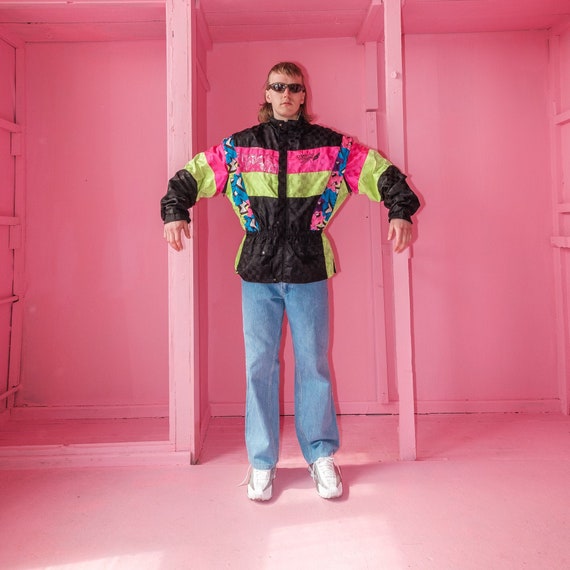 Vintage neon multi-color moto rave jacket / 1990s
