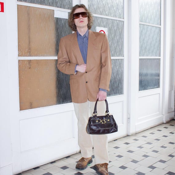 Vintage 90s Sir di Lucci Tan Plaid Wool BlazerJacket | Size EU 50 Men's Camel Sport Coat | Oversized Preppy Minimalist Academic Style