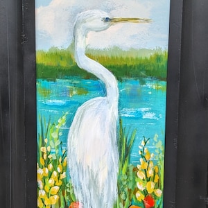 Original  bird art &quot;Watchful Egret&quot; by coastal artist Lynne Raimondo.