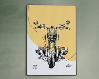 BMW R18 Art mural de moto imprimable en jaune. Impressions d'art et de motos téléchargeables, affiches pour homme des cavernes, garage, maison et bureau.