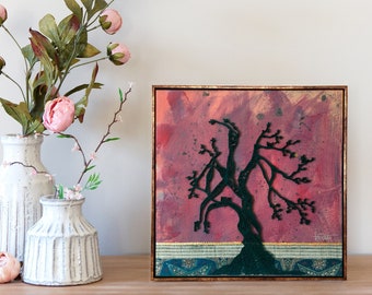 Original painting of an abstract tree made with wood and fabric in Black, blue and shades of red and salmon. Wall Decor, Original painting