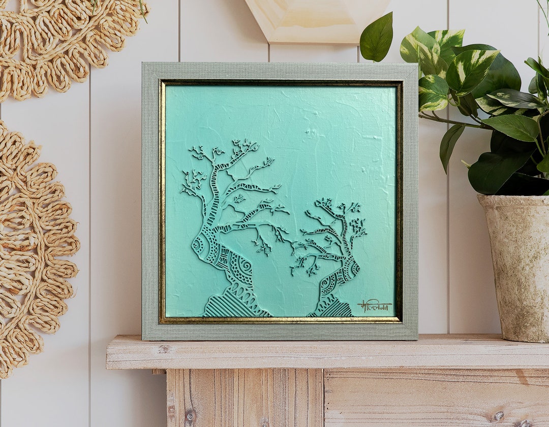 Wooden Tree Art in Pastel Blue. Original Painting With Wood. Two Trees