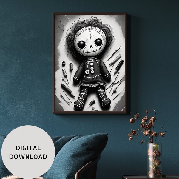 Dark Home Decor Digital Wall Art, Voodoo Doll, Emo, Gothic, Monochrome, Black & White, Sinister, Creepy, Weird, Strange, Oddity, Odd