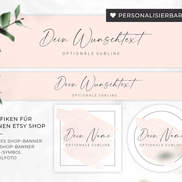 Etsy Shop Banner Design Set, Facebook Titelbild Cover & Profilbilder, rosa Aquarell Social Media Vorlagen, Kalligrafie Schriftzug schlicht.